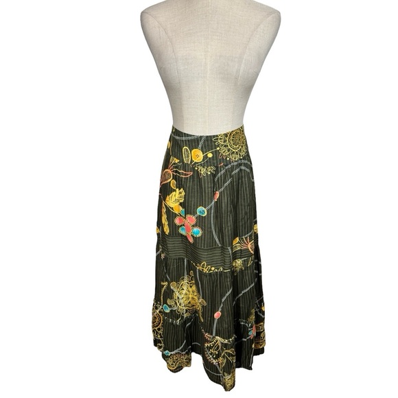 FARM Rio Olive Green Floral Tiered Midi Skirt with Yellow Embroidery - Picture 2 of 9